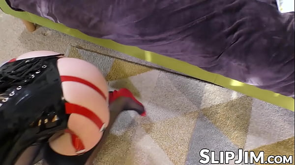 Spicy redhead in sexy latex costume spreads wide for senior